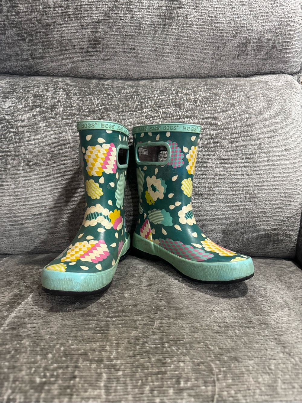 Bogs Kids Teal Abstract Pattern Rain Boots with Mint Trim Size 13